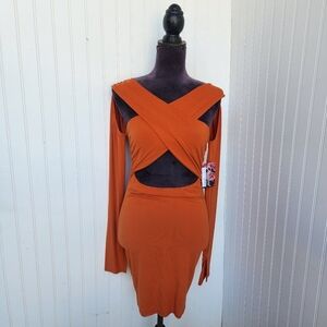 NWT Obsessed Boutique Dress Junior's Rust Orange Bodycon Criss Cross Stretch L